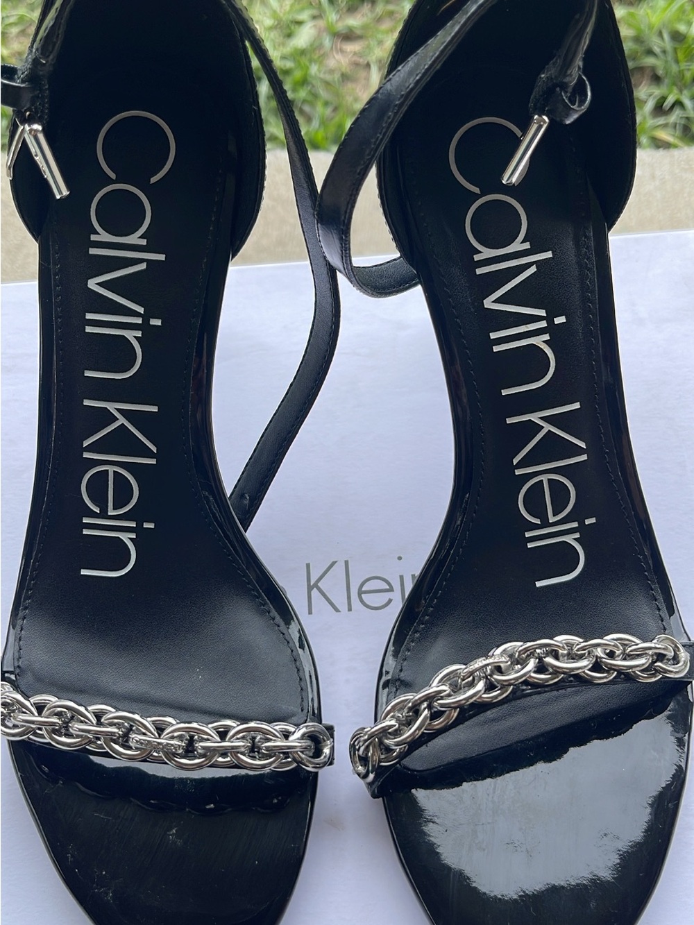 Calvin Klein Black Patent Heeled Sandals with Silver Chain